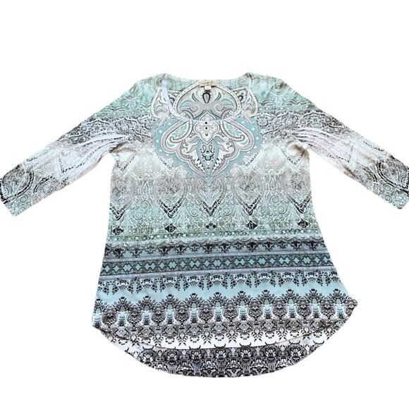 One World Teal Embellished Print Round Neck & Hem line 3/4 Sleeve Pullover Top L - Picture 3 of 6